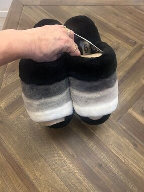 UGG Striped Shearling Slide Slippers in Black, Gray & White